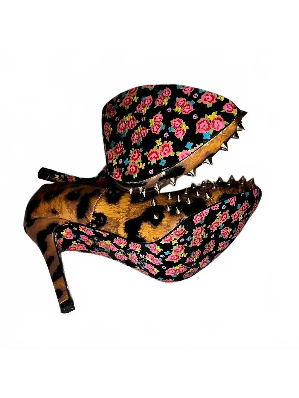 Iron Fist Change Your Spots Leopard Studded Heels Floral Size 8